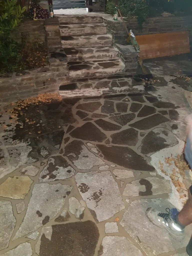 Gartenweg mit Natursteinpflaster – sorgfältig ausgeführte Pflasterarbeiten im Außenbereich